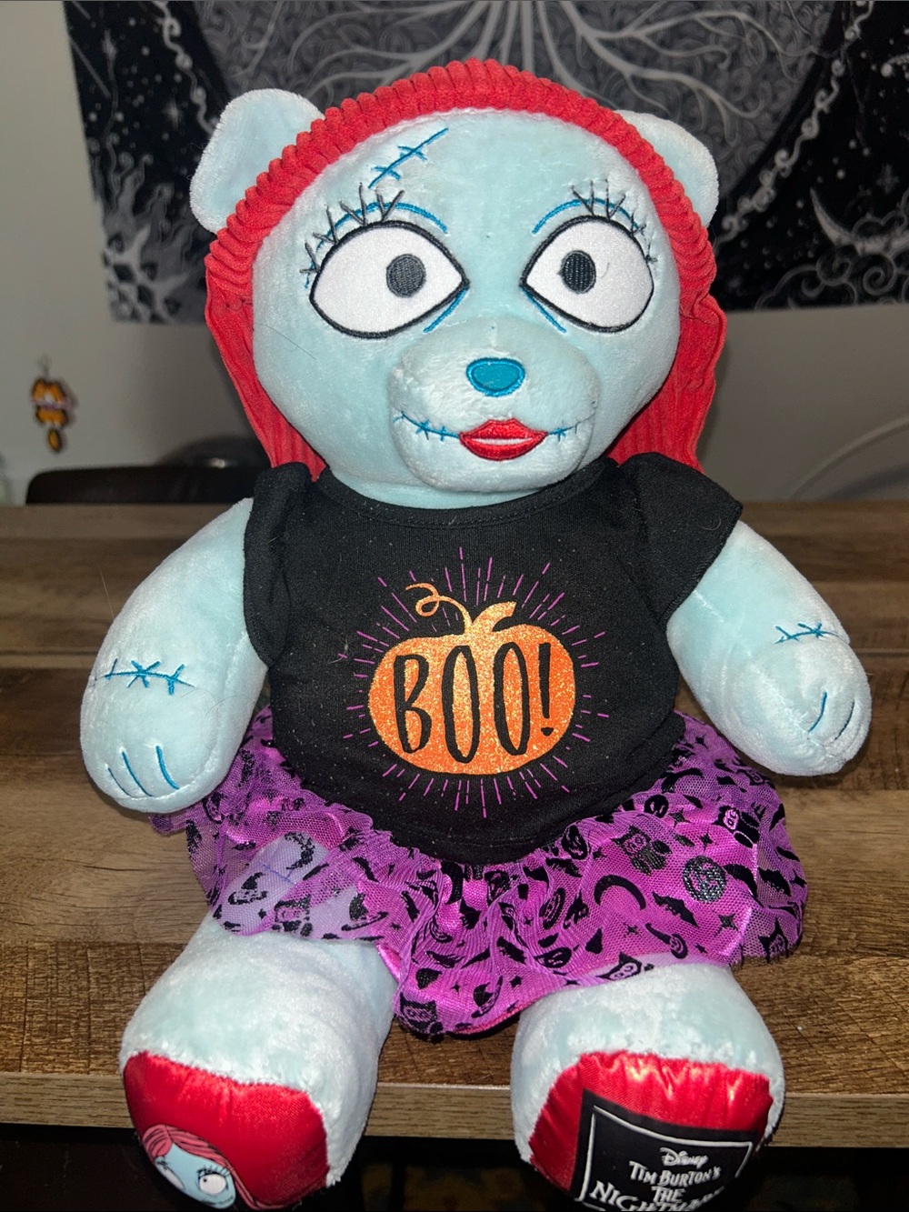 Disney Tim Burton Light Blue "Boo!" Halloween Plush Bear with Red Hair